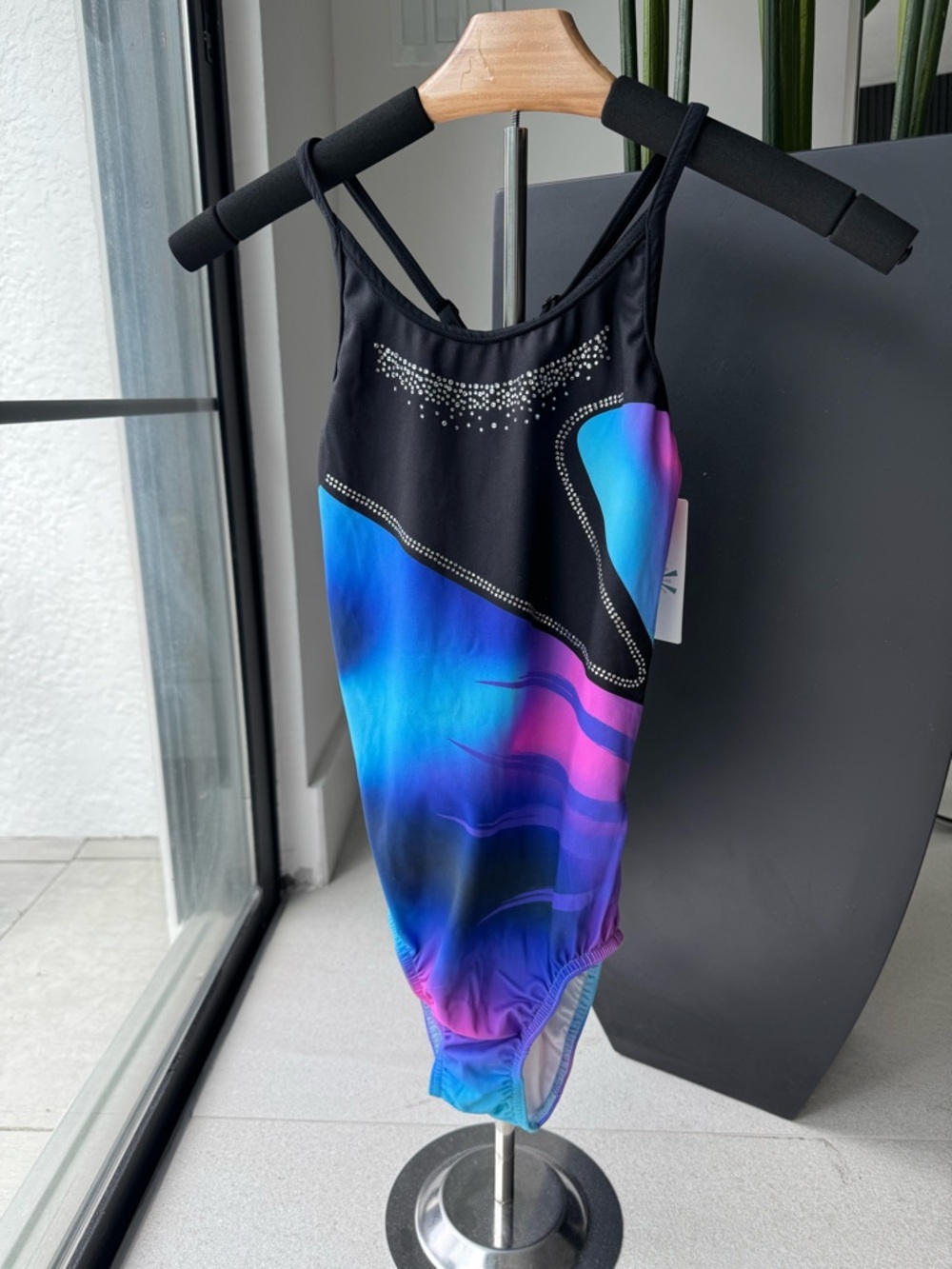 NWT Black Blue Purple Gradient Leotard Rhinestone adult small United all Around